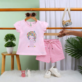 Girls Light Pink Graphic Short Sleeves Top With Drawstring Shorts Sets Sets Light Pink 6-12 M