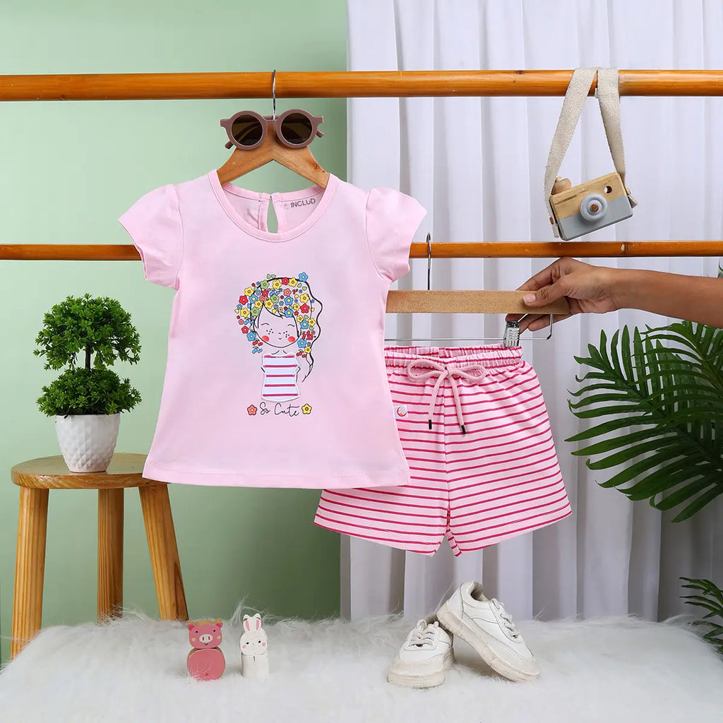 Girls Light Pink Graphic Short Sleeves Top With Drawstring Shorts Sets Sets Light Pink 6-12 M