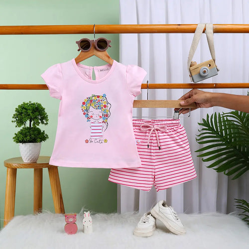 Girls Light Pink Graphic Short Sleeves Top With Drawstring Shorts Sets Sets Light Pink 6-12 M