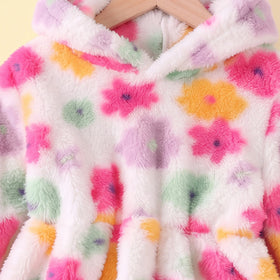Girls Multicolor Floral Print Hooded Fleece Dress Casual Dresses