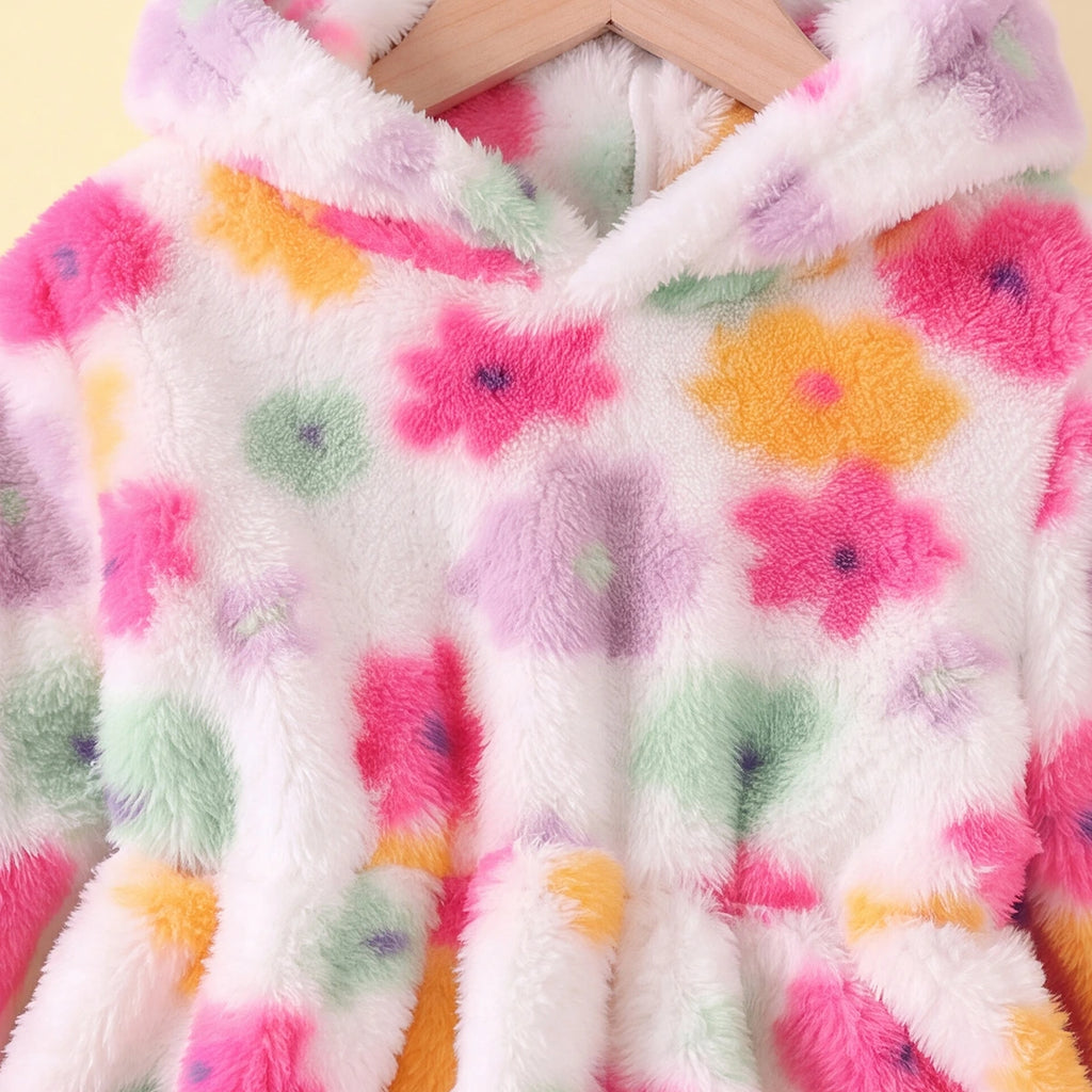 Girls Multicolor Floral Print Hooded Fleece Dress Casual Dresses