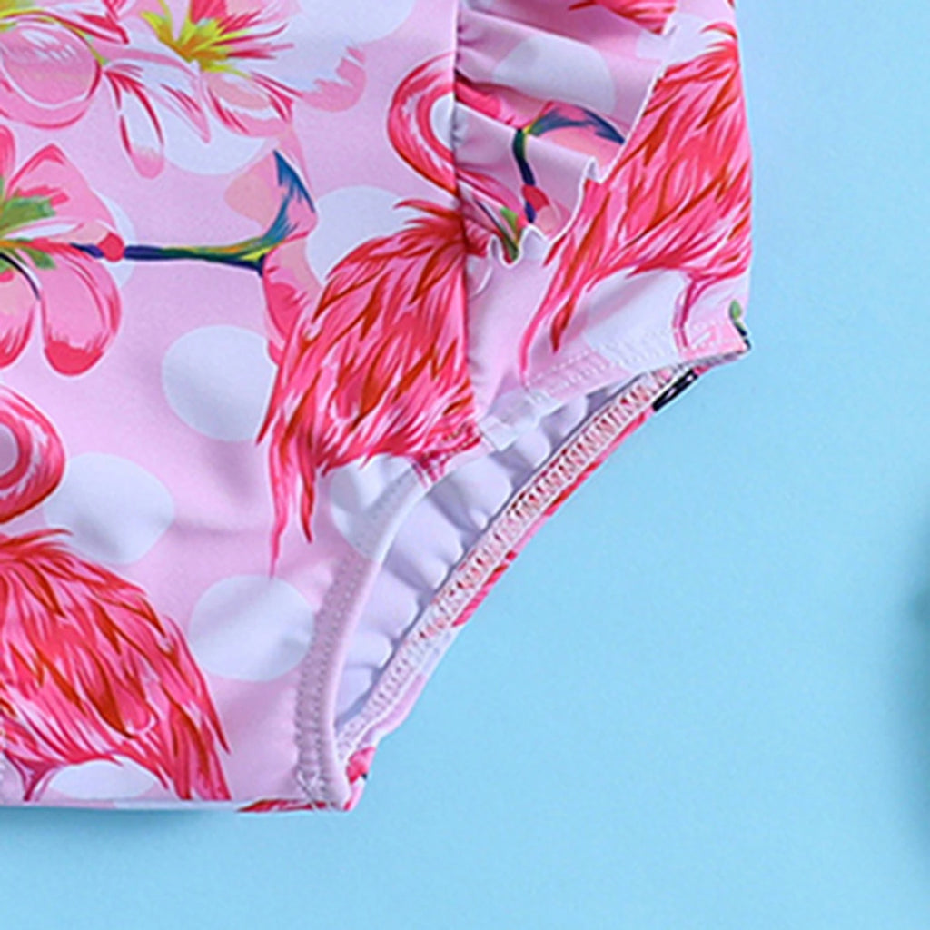 Girls Pink Flamingo Printed Ruffled Swimwear Bodysuit Beachwear