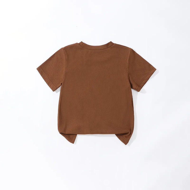 Girls Brown Bow Detail Short Sleeve T-Shirt With Flared Pants Sets Sets