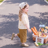 Girls Cream Short Sleeve Floral Embroidered Top With Pants Sets 2 pc. Sets
