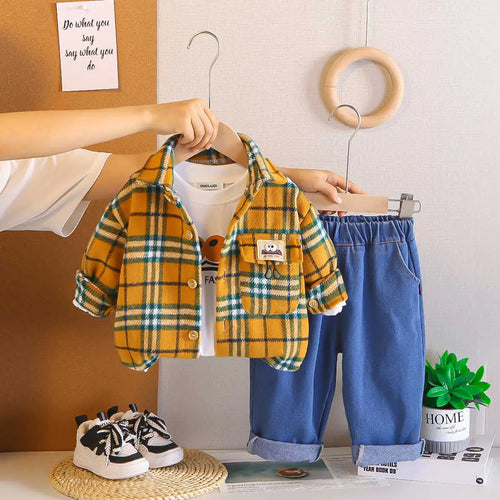 Boys Yellow Checked Shirt With Printed T-Shirt & Denim Pants Set Sets Yellow 1-2 Y