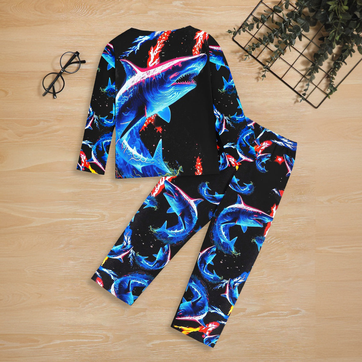 Boys Black Shark Printed Glow in the Dark T-Shirt & Pajama Winter Co-ord Set 2 pc. Sets