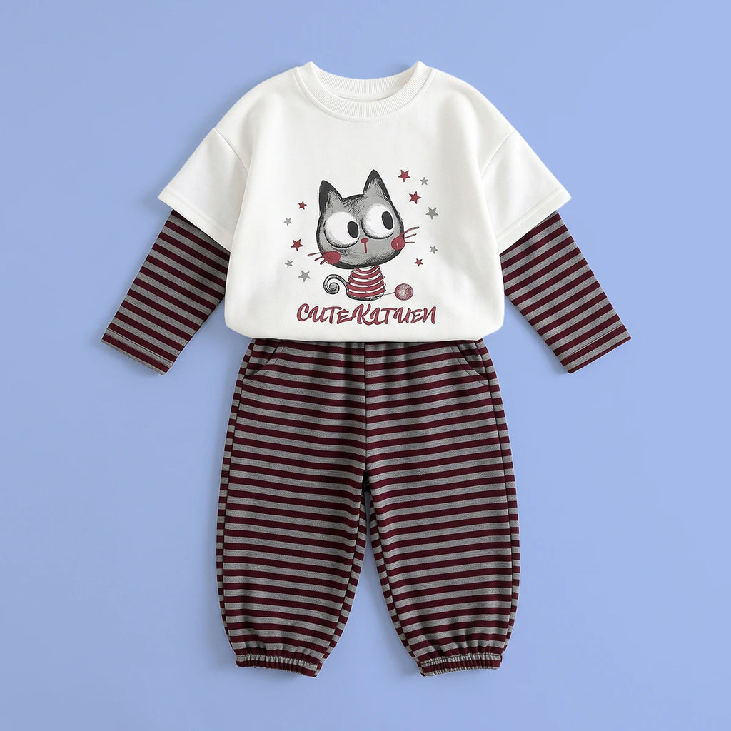 Girls White Graphic T-Shirt With Striped Pants Sets Sets White 1-2 Y