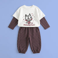 Girls White Graphic T-Shirt With Striped Pants Sets Sets White 1-2 Y