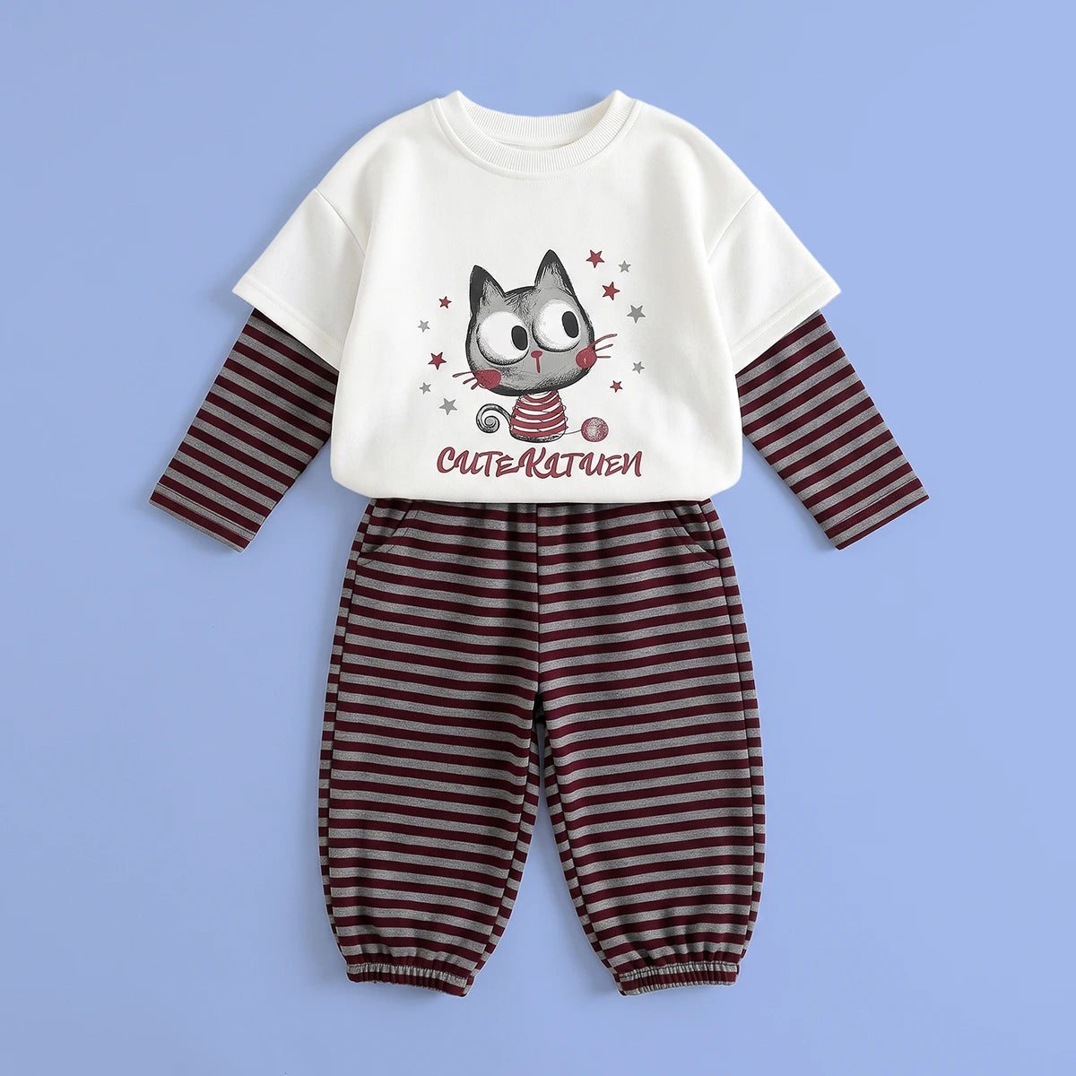 Girls White Graphic T-Shirt With Striped Pants Sets Sets White 1-2 Y