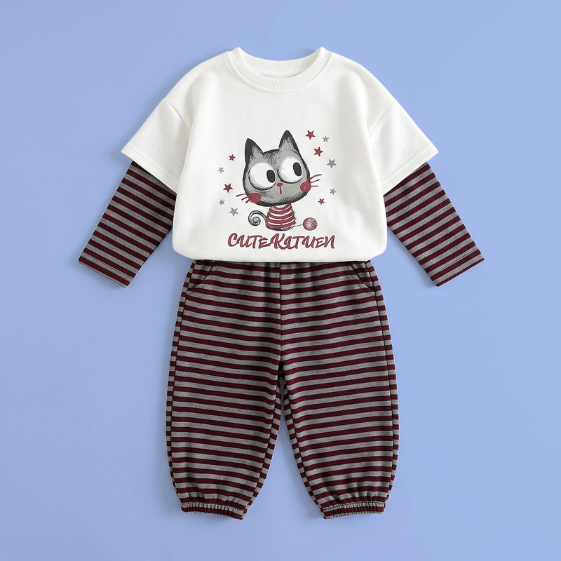 Girls White Graphic T-Shirt With Striped Pants Sets Sets White 1-2 Y