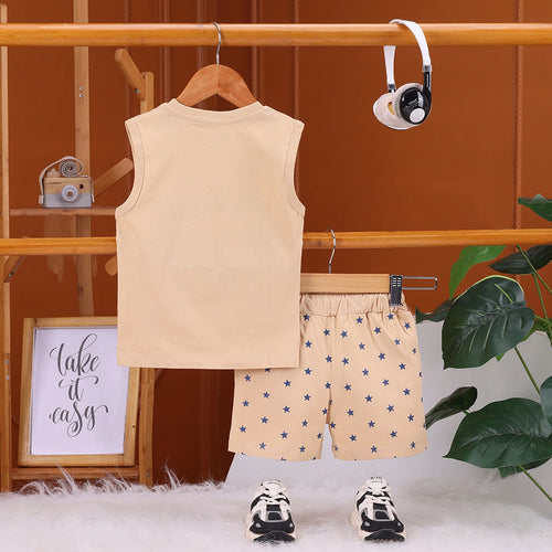Boys Apricot Captain Typography Vest With Drawstring Shorts Sets Sets