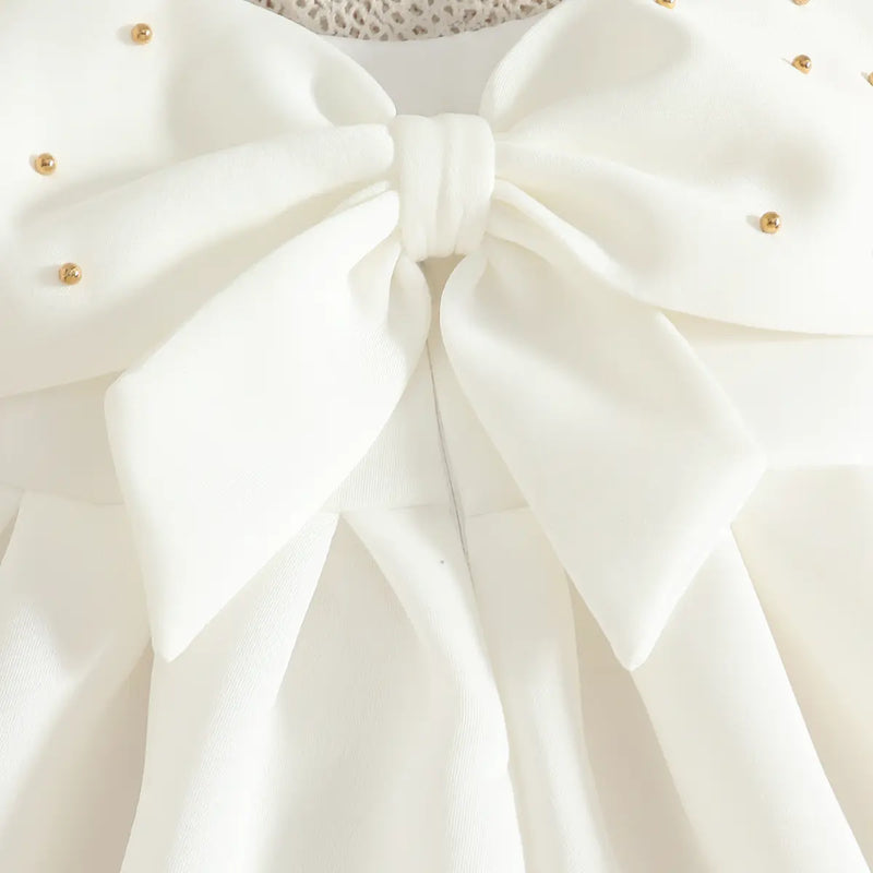 Girls White Sleeveless Fit & Flare Party Wear Dress With Elegant Bow Detail Party Dresses