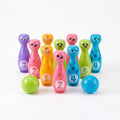 Colorful numbered bowling pins and balls for kids activity game