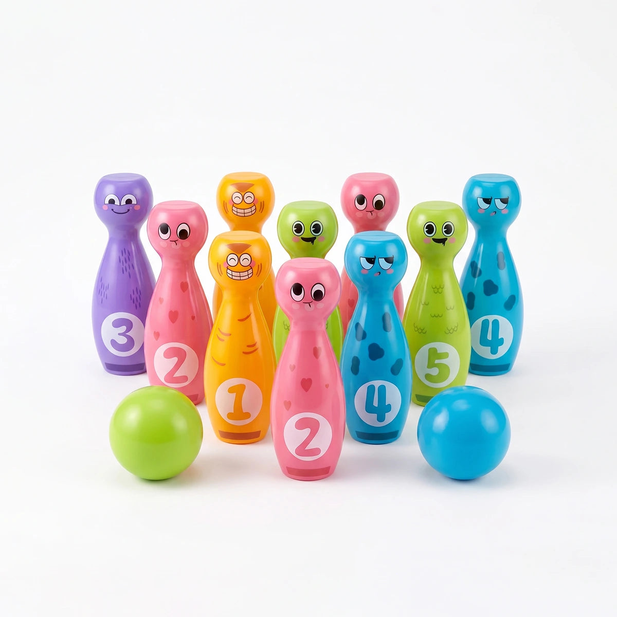 Colorful numbered bowling pins and balls for kids activity game