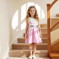 Girls Pink One Shoulder Fit & Flare Party Wear Dress With 3D Flowers Appliques Party Dresses
