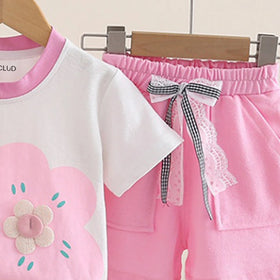 Girls Pink Floral Printed Short Sleeve T-Shirt With Elasticated Shorts Sets 2 pc. Sets
