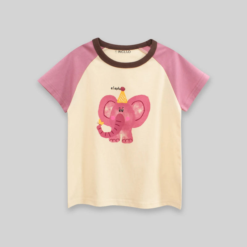 Girls Cream Elephant Print Raglan Sleeve T-Shirt Tshirts