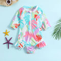 Girls Multicolor Tropical Printed Half Zipper Swimwear Bodysuit Beachwear Multicolor 1-2 Y