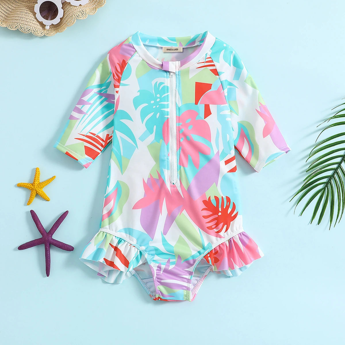 Girls Multicolor Tropical Printed Half Zipper Swimwear Bodysuit Beachwear Multicolor 1-2 Y