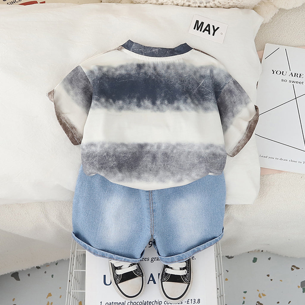 Boys Blue Robot Printed T-Shirt With Denim Shorts Set 2 pc. Sets