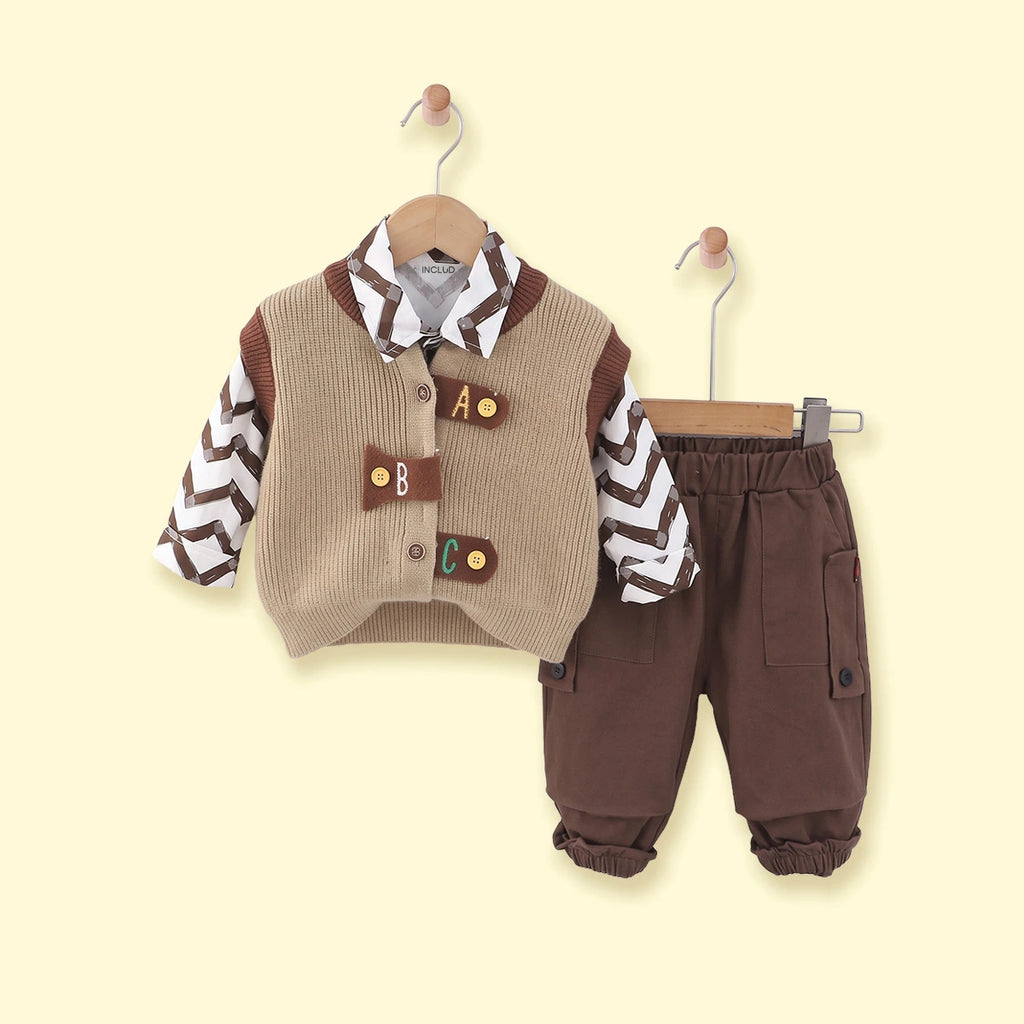 Boys light brown sweater vest with shirt and pants set