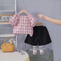 Girls Pink Checked Big Bow Applique Top With Pleated Shorts Set Sets