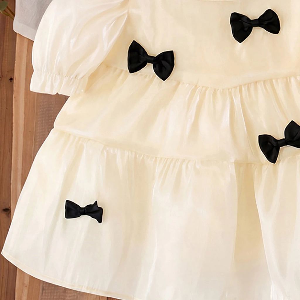 Girls Cream Bow Applique Puff Sleeve Tiered Dress Casual Dresses