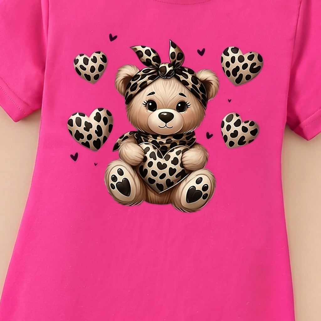 Girls Fuchsia Teddy Bear Graphic Short Sleeve T-Shirt Dress Casual Dresses