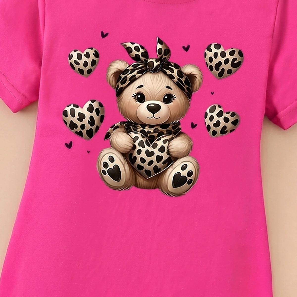Girls Fuchsia Teddy Bear Graphic Short Sleeve T-Shirt Dress Casual Dresses