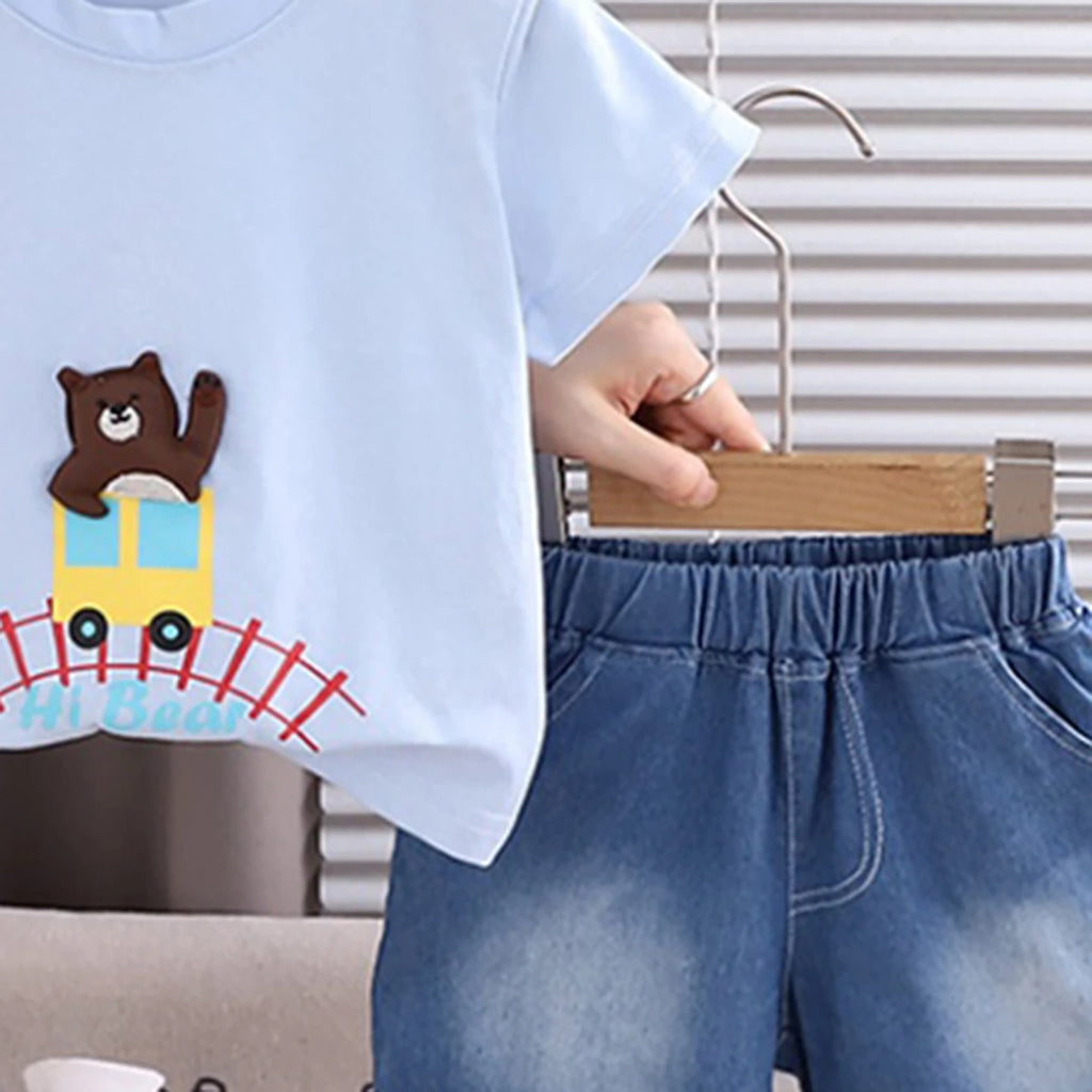 Boys Sky Blue Bear Applique T-Shirt With Denim Shorts Sets 2 pc. Sets
