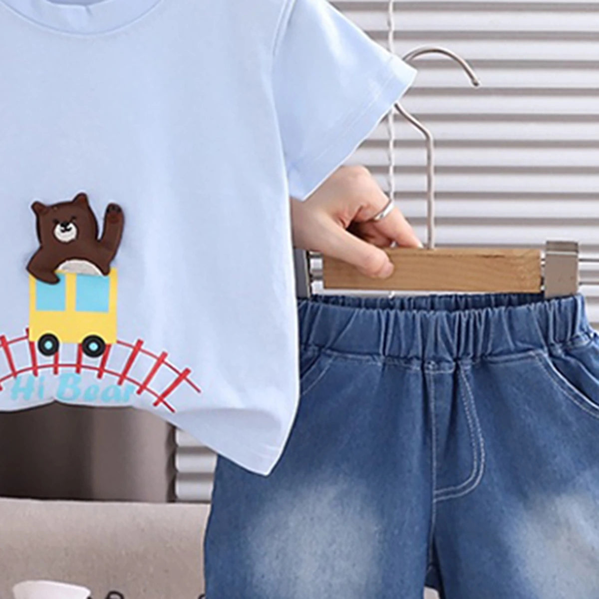 Boys Sky Blue Bear Applique T-Shirt With Denim Shorts Sets 2 pc. Sets