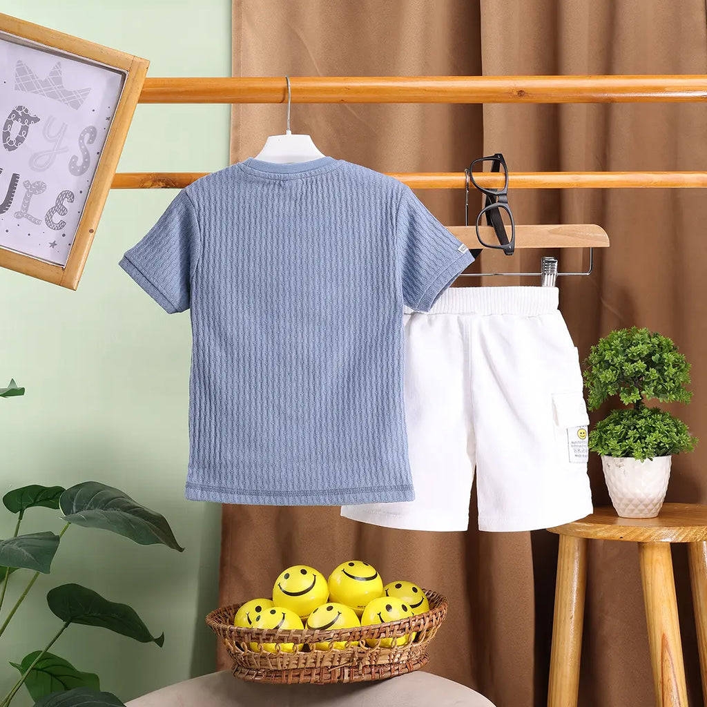 Boys Blue Typographic Printed Short Sleeves T-Shirt With Shorts Sets Sets