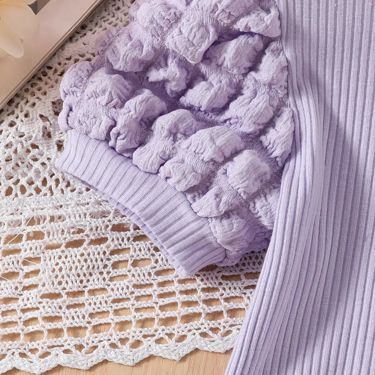 Girls Purple Puff Sleeves Top With Flared Pearl Embellishments Denim Pants Set Sets