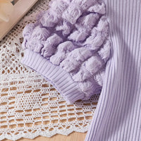 Girls Purple Puff Sleeves Top With Flared Pearl Embellishments Denim Pants Set Sets