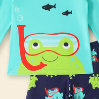 Boys Teal Frog Printed Long Sleeves T-Shirt & Shorts Swimsuit Sets Sets