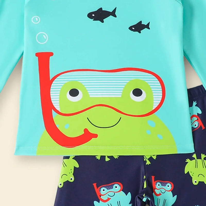 Boys Teal Frog Printed Long Sleeves T-Shirt & Shorts Swimsuit Sets Sets