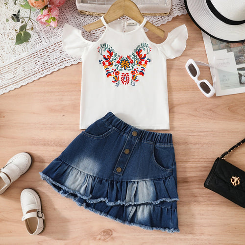 Girls White Floral Print Cold Shoulder Sleeves Top With Denim Skirts Set Sets White 3-4 Y