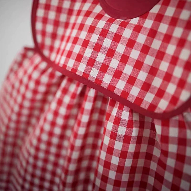 Girls Red Checked Mushroom Embroidered Sleeveless A-Line Dress Casual Dresses