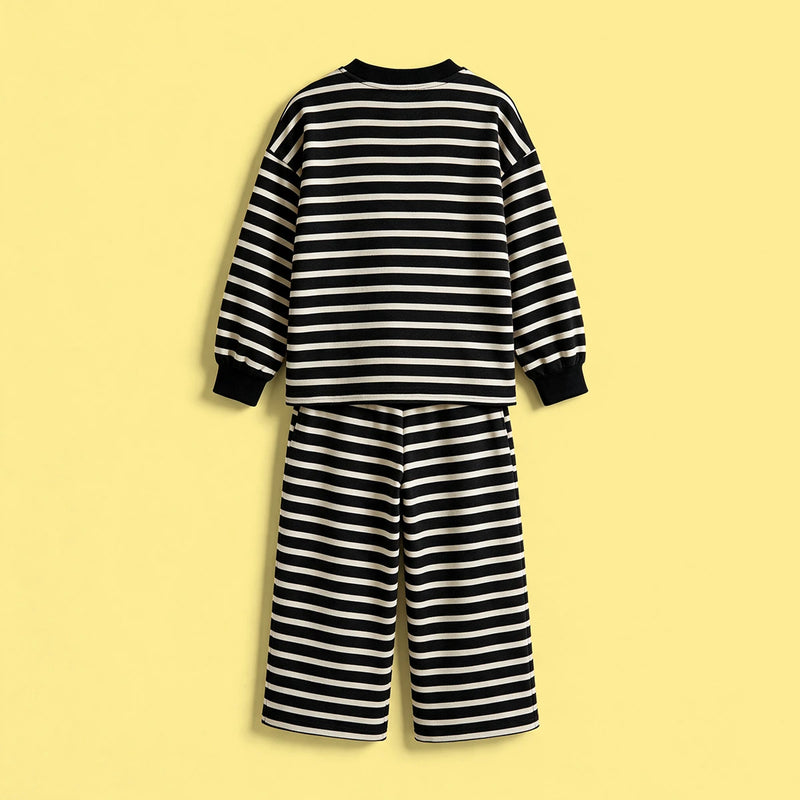 Girls Black Striped Sweatshirt & Pants Co-ord Sets Sets