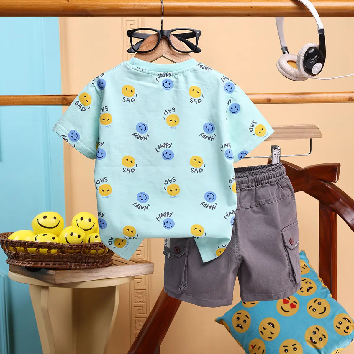 Boys Sky Blue Graphics Printed T-Shirt With Cargo Pocket Shorts Set 2 pc. Sets