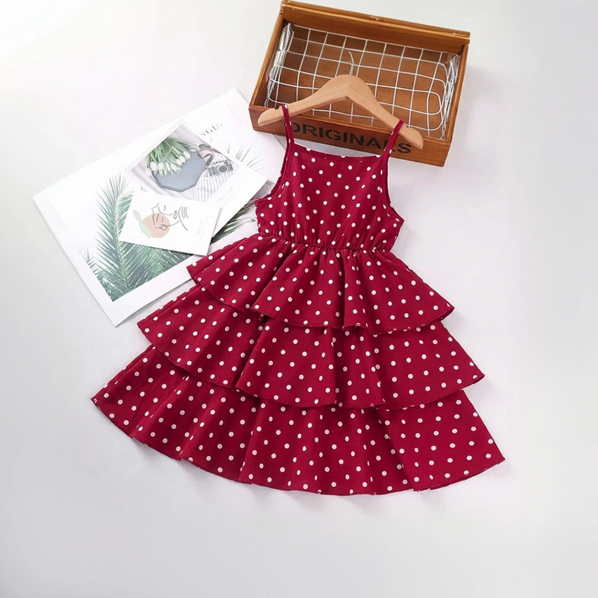 Girls Maroon Polka Dot Print Sleeveless Layered Dress Casual Dresses