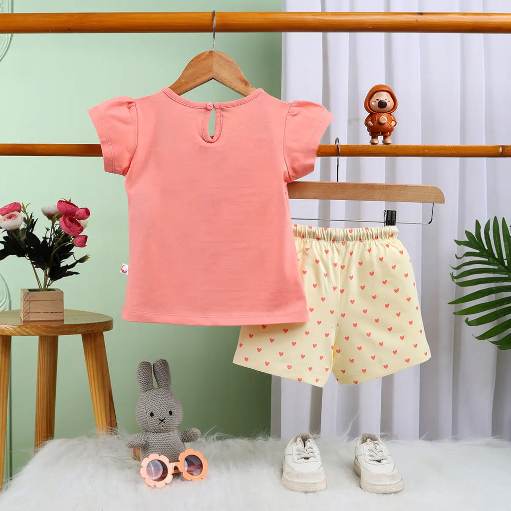 Girls Coral Animal Graphic Short Sleeves Top With Polka Dot Elasticated Shorts Sets Sets