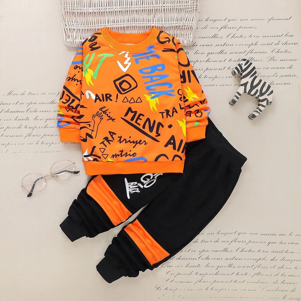 Boys orange typographic long sleeve sweatshirt and black joggers set