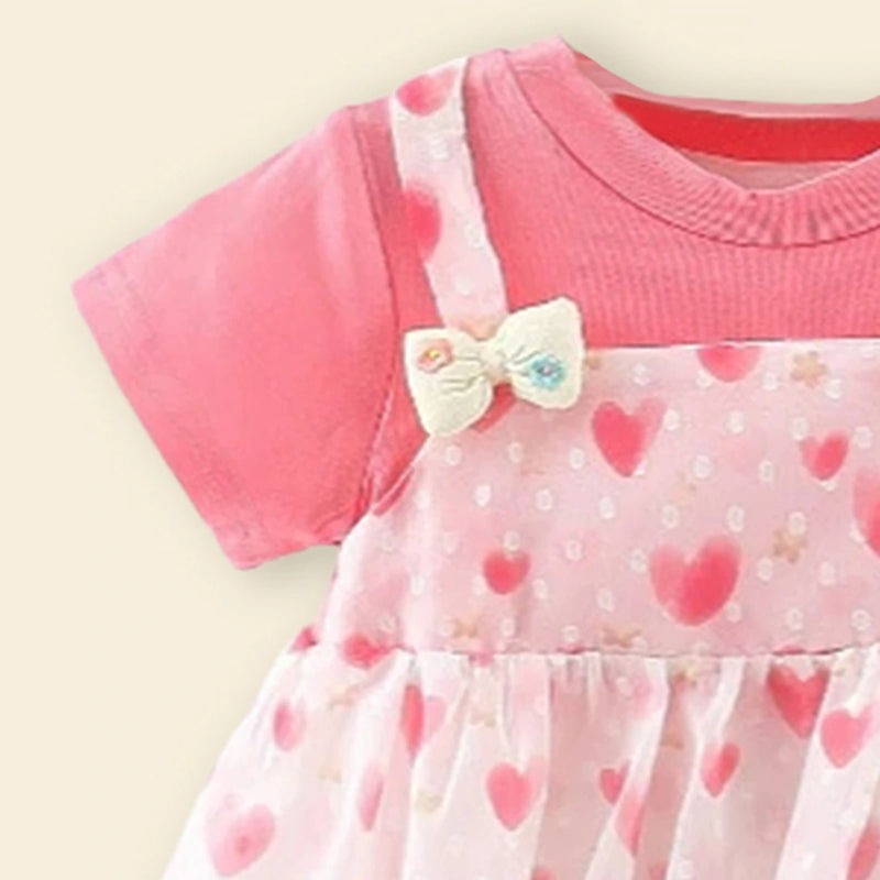 Girls Pink Heart Print Mock-Layered Pinafore Dress Casual Dresses