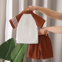 Boys Brown Side Striped Polo T-shirt with Shorts Set Sets