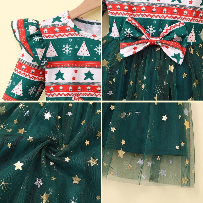 Girls Green Christmas Tree Printed Fit & Flare Dress Casual Dresses
