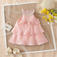 Girls Light Pink Sleeveless Layered Dress With Embellished Neckline Casual Dresses Light Pink 2-3 Y