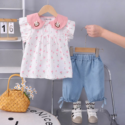 Girls Light Pink Floral Printed Short Sleeve Top With Elasticated Shorts Sets 2 pc. Sets Light Pink 1-2 Y