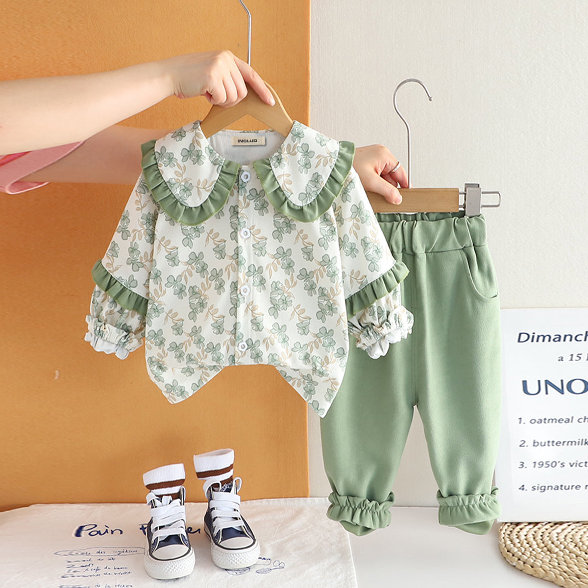 Girls Green Floral Printed Top With Pants Set 2 pc. Sets Green 1-2 Y