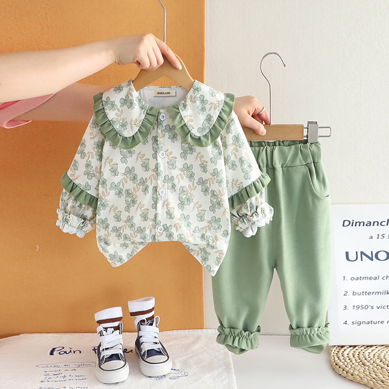 Girls Green Floral Printed Top With Pants Set 2 pc. Sets Green 1-2 Y